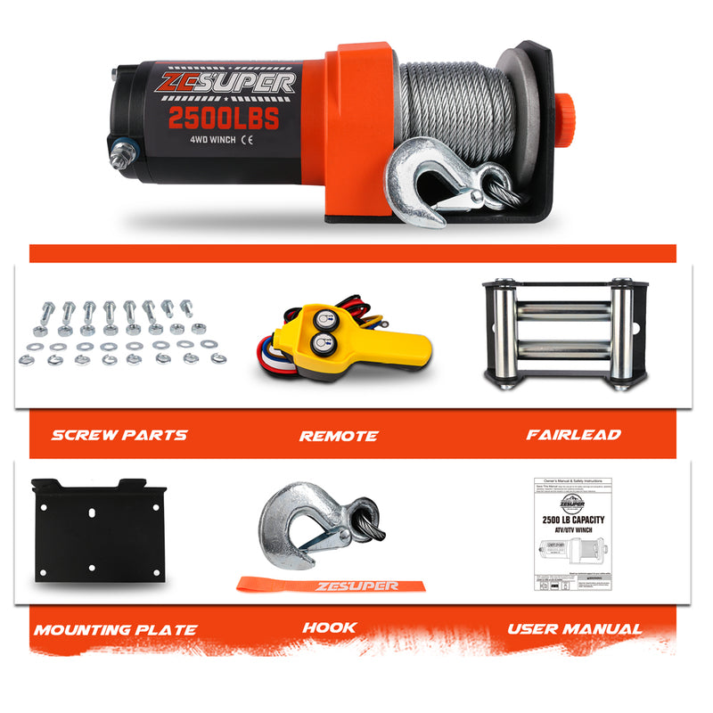ZESUPER Electric Winch 2500LBS/1134KG 12V 15.2M Steel Cable ATV UTV 4WD 4X4 Boat - Outbackers