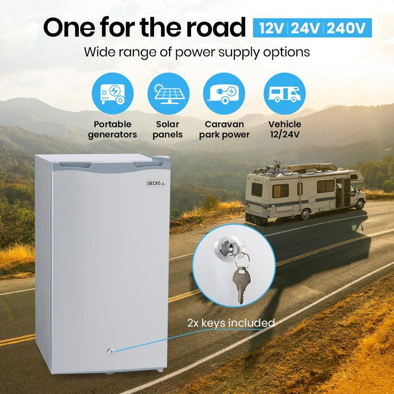 GECKO 95L Portable Upright Fridge Freezer Camping Caravans Bar Fridges Refrigerator 12V/24V/240V - Outbackers