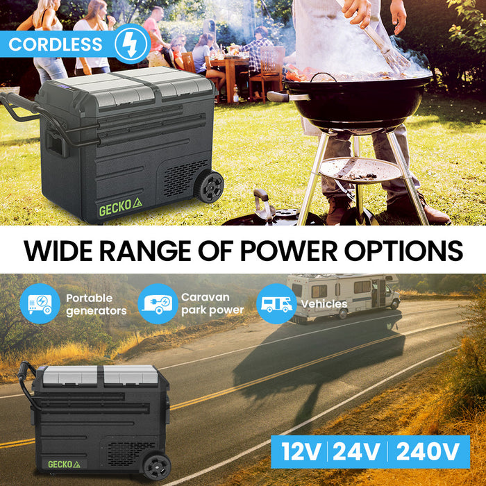 Gecko 55L Dual Zone Portable Fridge Freezer with onboard Lithium Battery, 12V/24V/240V, with 2 Doors, Wheels, for Camping, Car, Outings - Outbackers