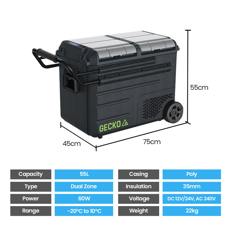 Gecko 55L Dual Zone Portable Fridge Freezer with onboard Lithium Battery, 12V/24V/240V, with 2 Doors, Wheels, for Camping, Car, Outings - Outbackers