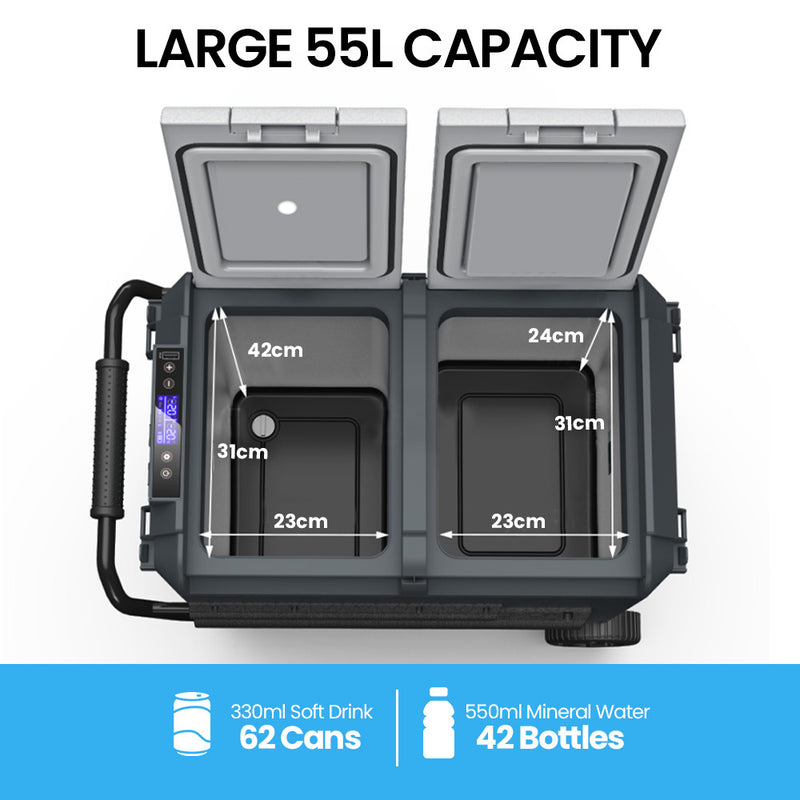 Gecko 55L Dual Zone Portable Fridge Freezer with onboard Lithium Battery, 12V/24V/240V, with 2 Doors, Wheels, for Camping, Car, Outings - Outbackers