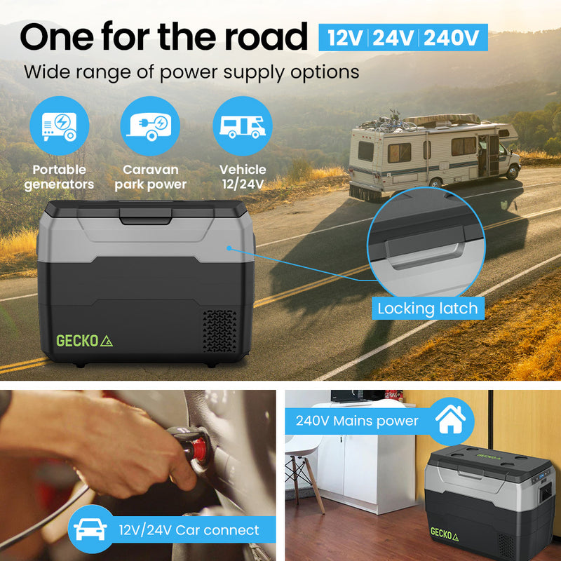 GECKO 40L Portable Fridge Freezer 12V/24V/240V for Camping, Car, Caravan, Boats - Outbackers