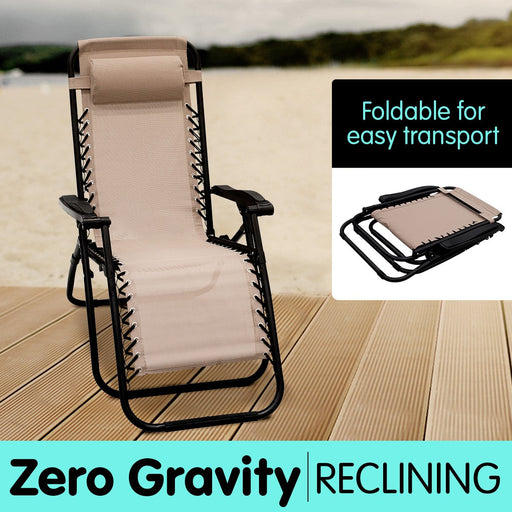 Wallaroo Zero Gravity Reclining Deck Lounge Sun Beach Chair Outdoor Folding Camping - Beige - Outbackers