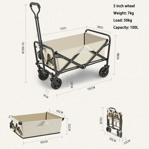 5 Inch Wheel Beige Folding Beach Wagon Cart Trolley Garden Outdoor Picnic Camping Sports Market Collapsible Shop - Outbackers