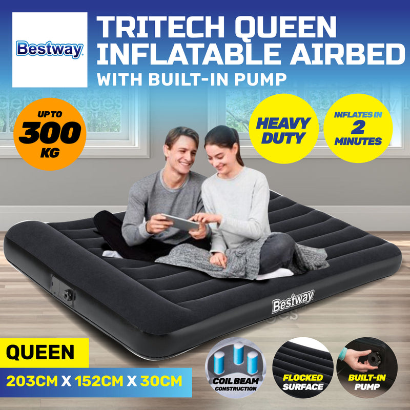 Bestway Queen Inflatable Air Bed Tritech Built-In Pump Heavy Duty - Outbackers