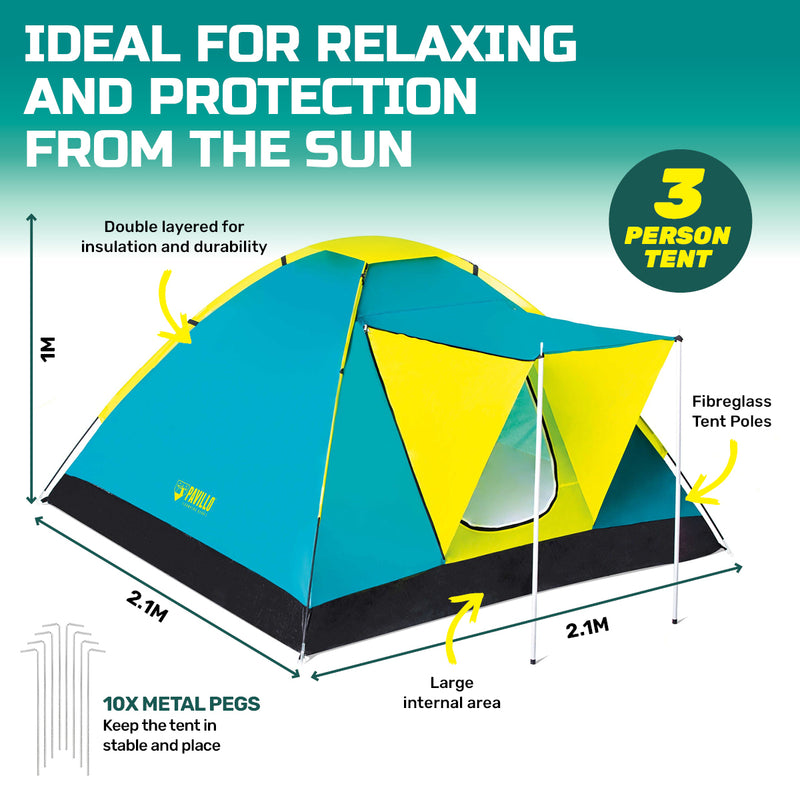 Bestway 2.1m x 2.1m Tent 3 Person UV Protected Double Layered Carry Bag Pegs - Outbackers