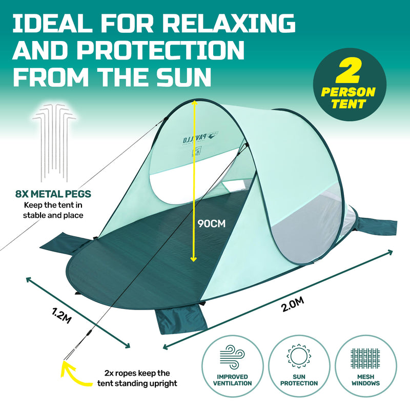 Bestway 2m x 1.2m Beach Tent 2 Person UV Protected Pegs & Carry Bag Included - Outbackers
