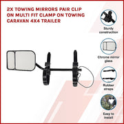 2x Towing Mirrors Pair Clip on Multi Fit Clamp On Towing Caravan 4X4 Trailer - Outbackers