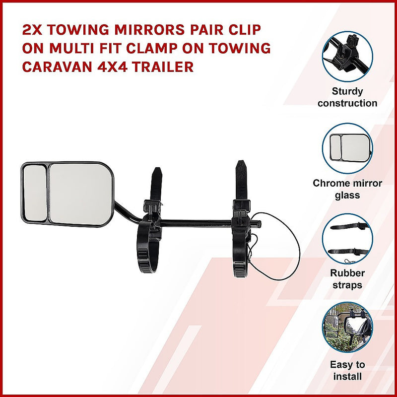 2x Towing Mirrors Pair Clip on Multi Fit Clamp On Towing Caravan 4X4 Trailer - Outbackers