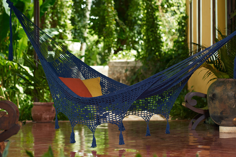Outdoor undercover cotton Mayan Legacy hammock with hand crocheted tassels King Size Blue - Outbackers