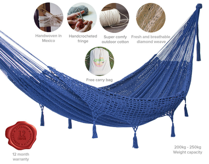Outdoor undercover cotton Mayan Legacy hammock with hand crocheted tassels King Size Blue - Outbackers