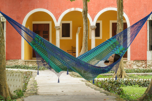 Outdoor undercover cotton Mayan Legacy hammock with hand crocheted tassels King Size Caribe - Outbackers