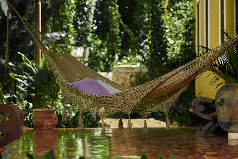 Outdoor undercover cotton Mayan Legacy hammock with hand crocheted tassels Queen Size Cedar - Outbackers