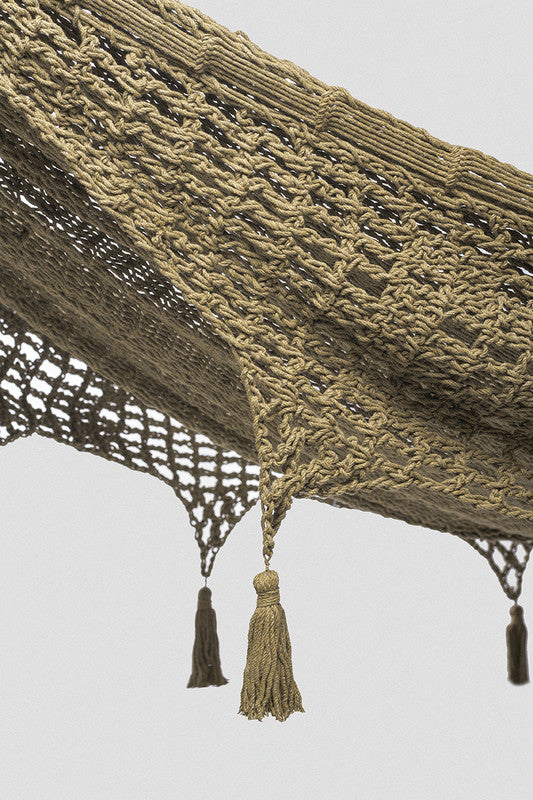 Outdoor undercover cotton Mayan Legacy hammock with hand crocheted tassels Queen Size Cedar - Outbackers