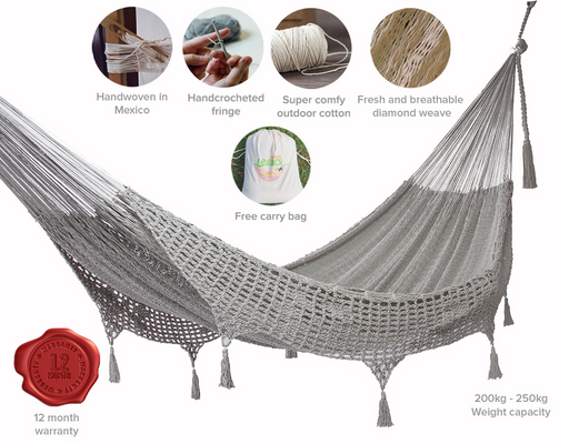 Outdoor undercover cotton Mayan Legacy hammock with hand crocheted tassels Queen Size Dream Sands - Outbackers