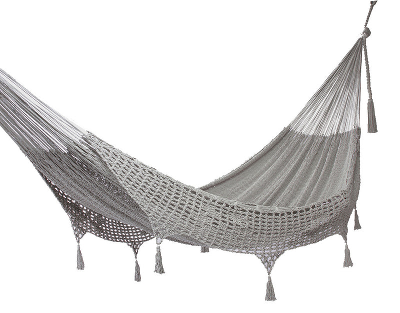 Outdoor undercover cotton Mayan Legacy hammock with hand crocheted tassels Queen Size Dream Sands - Outbackers