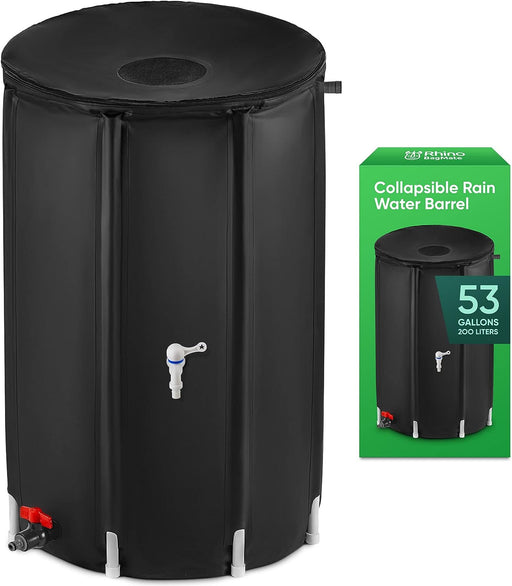 BaseMate Collapsible Rain Barrel | 200 Litre Extra-Stable Rainwater Collection System w/Mesh on Top, Drain Pipe, & Spigot | Rain Barrels to Collect Rainwater from Gutter | Heavy-Duty Rain Catcher - Outbackers
